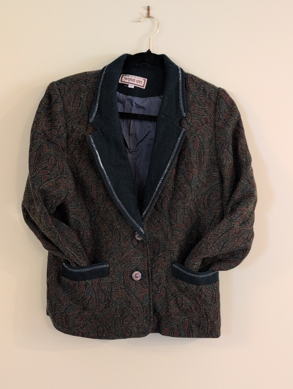 Ing Paisley-Patterned Blazer in Dark Green and Brown Trim